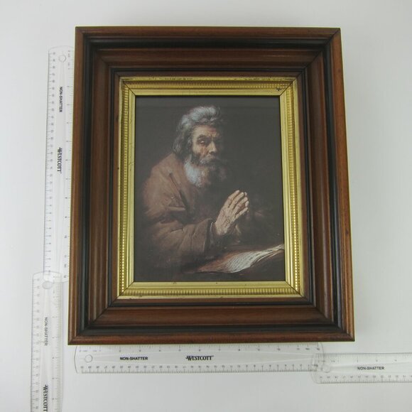 Antique Victorian Deep Picture Frame Walnut Wood Gold Gilt Old Man Praying Print - Picture 12 of 12